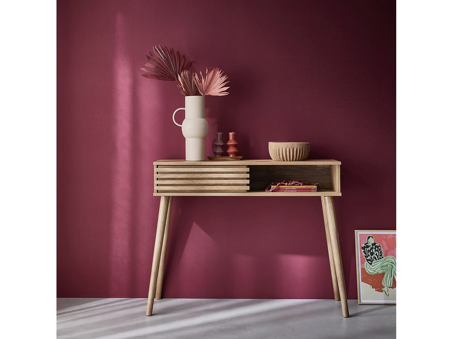 Console scandinave décor bois avec 1 porte coulissante rainurée 2 niches de rangement