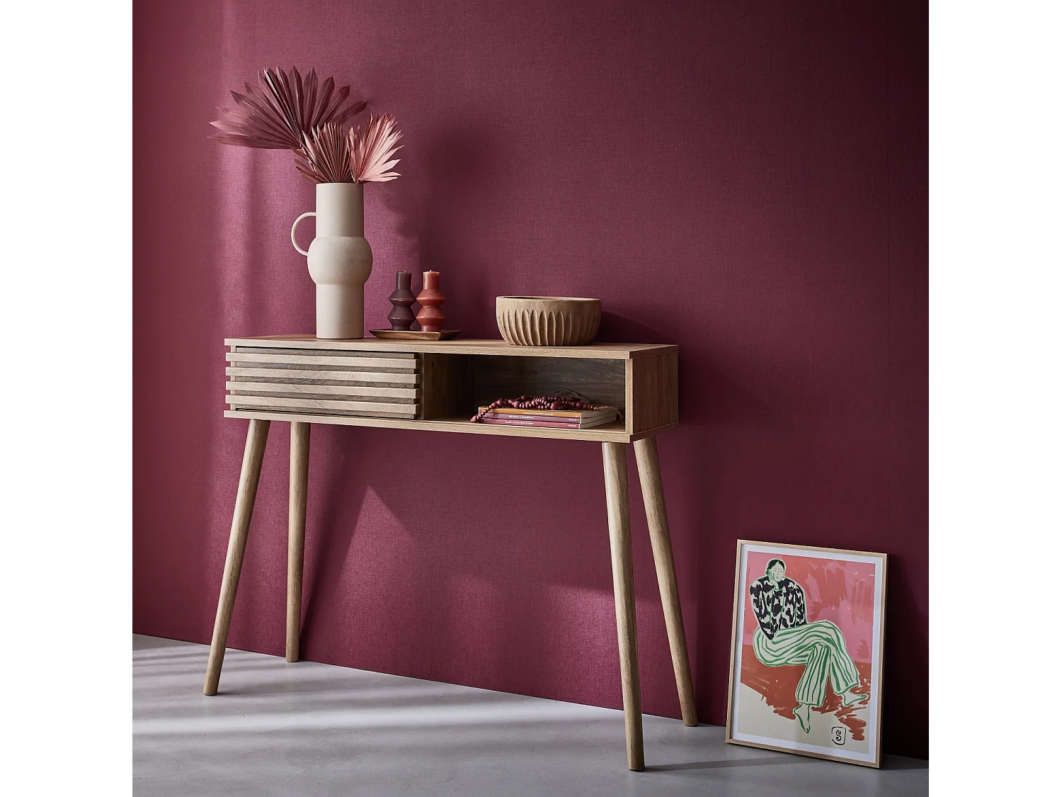 Console scandinave décor bois avec 1 porte coulissante rainurée 2 niches de rangement