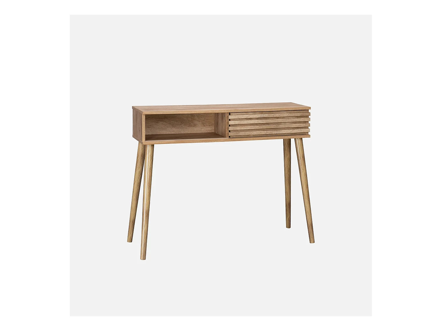 Console scandinave effet bois avec 1 porte coulissante rainurée 2 niches de rangement