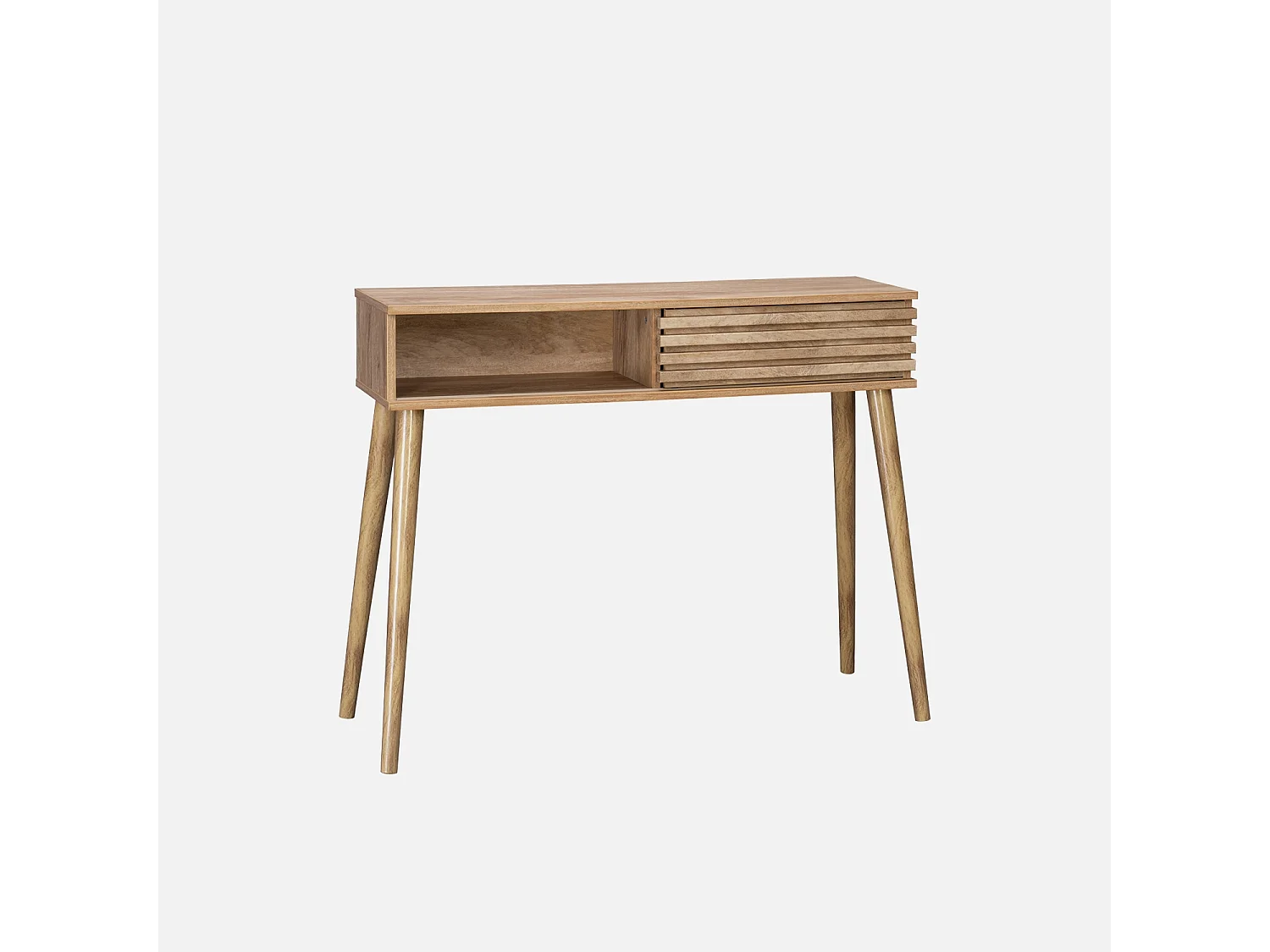 Console scandinave décor bois avec 1 porte coulissante rainurée 2 niches de rangement
