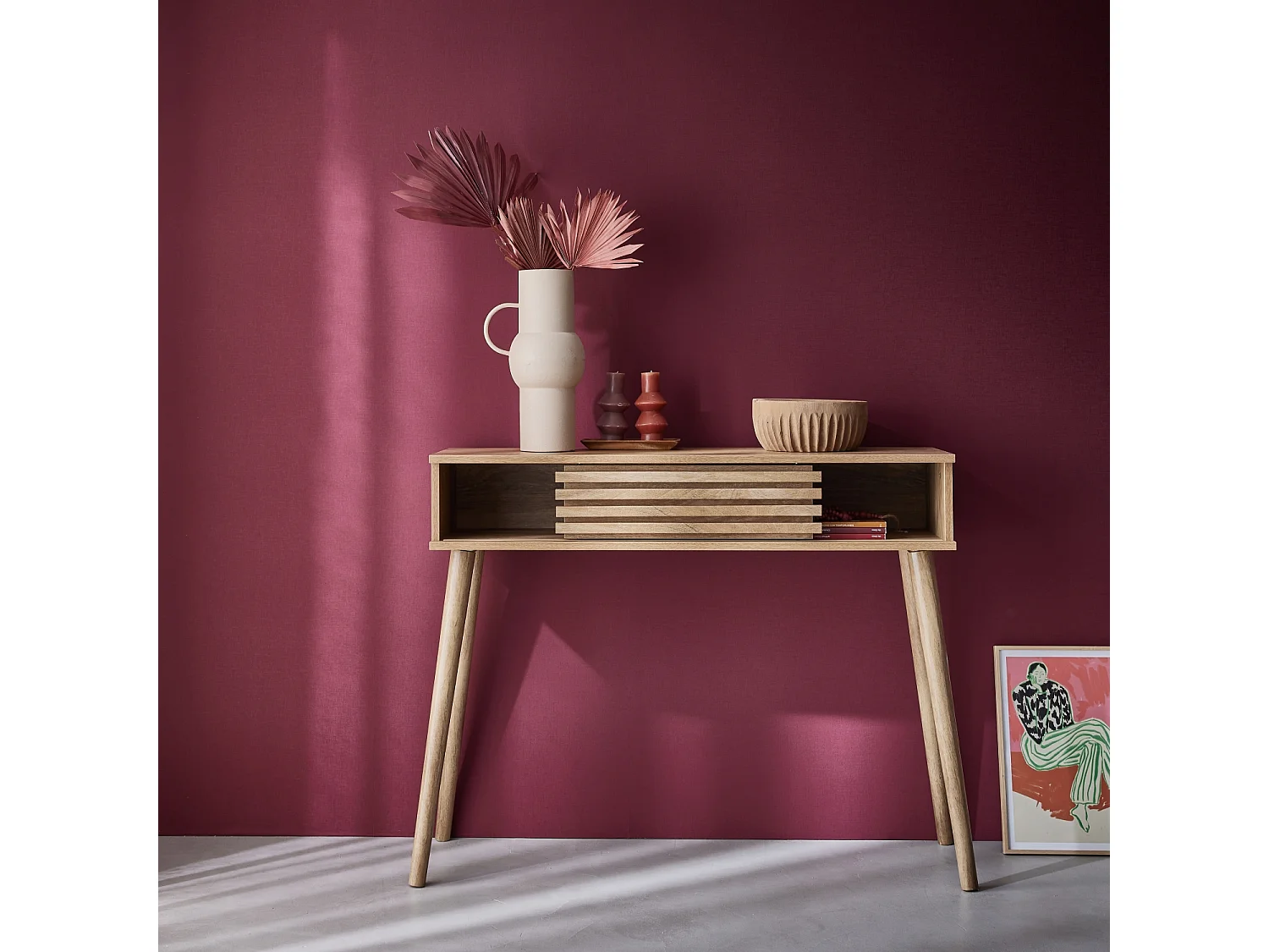 Console scandinave décor bois avec 1 porte coulissante rainurée 2 niches de rangement