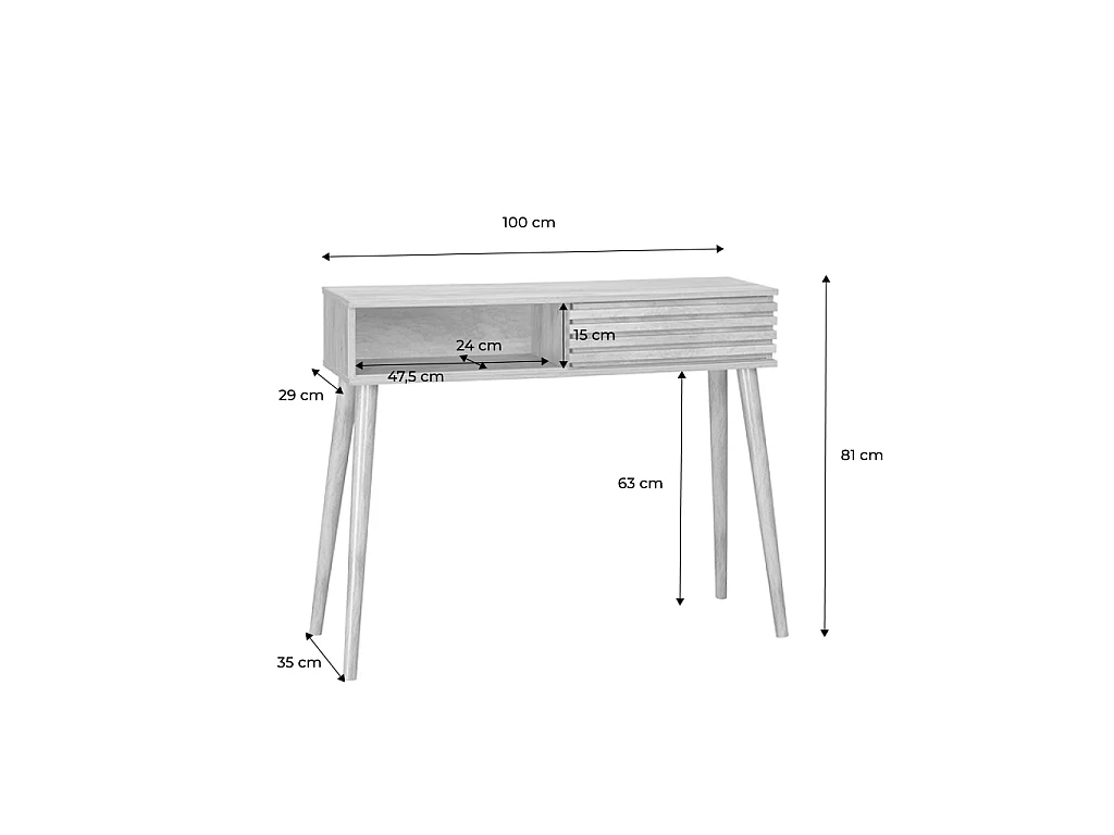 Consolle con 2 cassetti effetto legno naturale, 100cm, Madere, Marrone naturale, 29x100x81 cm