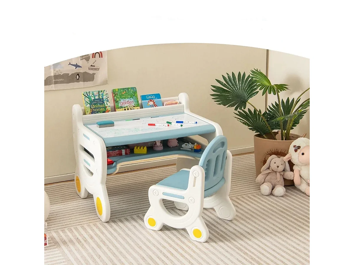 Kinder Sitzgruppe mit Höhen- & Neigungsverstellbarer Tischplatte Zeichentisch Blau