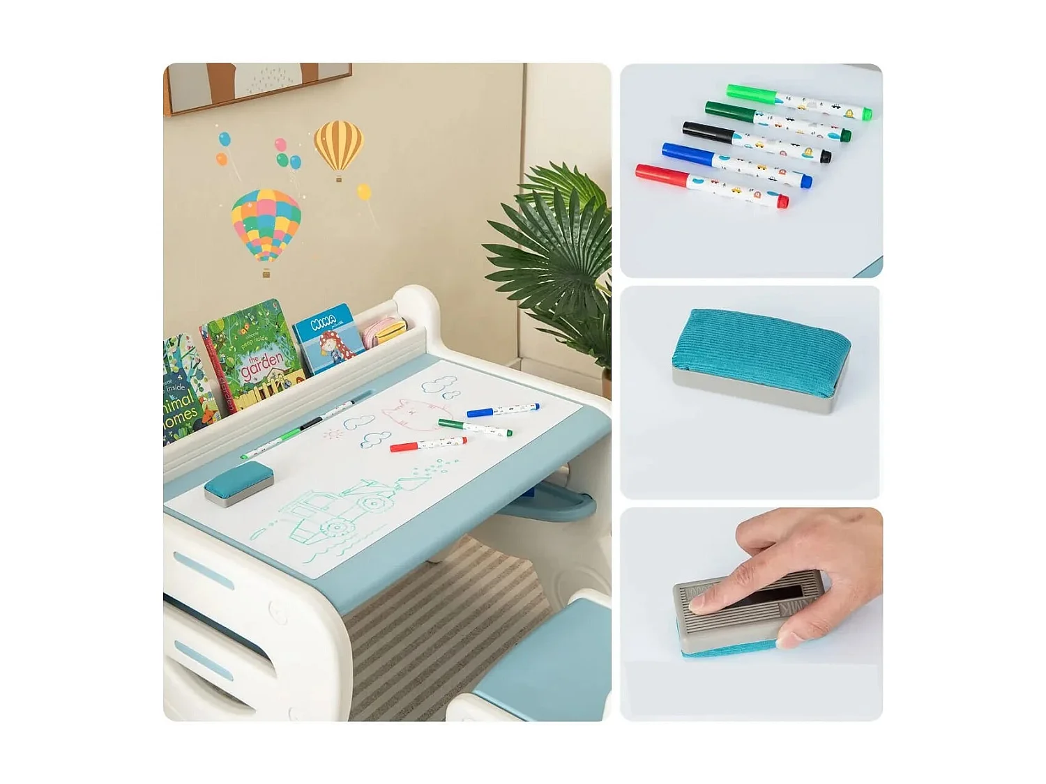 Kinder Sitzgruppe mit Höhen- & Neigungsverstellbarer Tischplatte Zeichentisch Blau