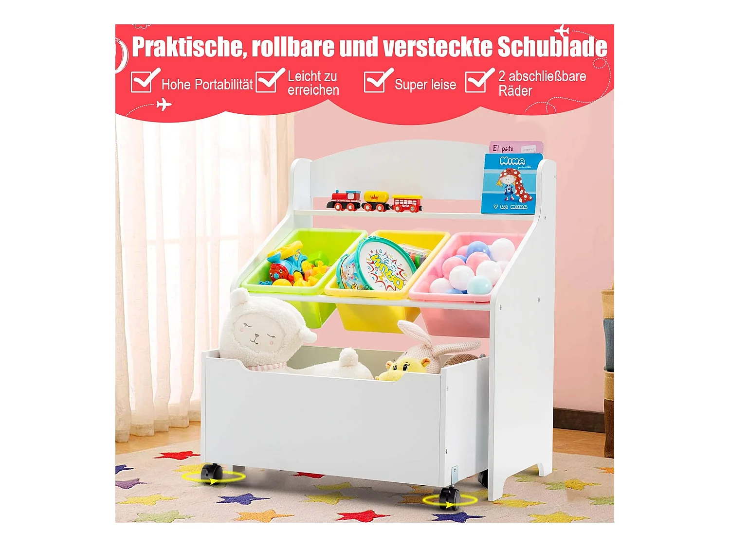 Spielzeugregal mit rollbarem Fach