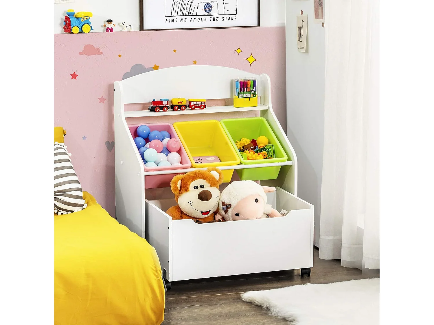 Spielzeugregal mit rollbarem Fach