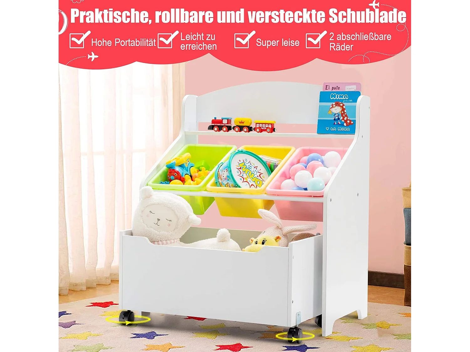 Spielzeugregal mit rollbarem Fach