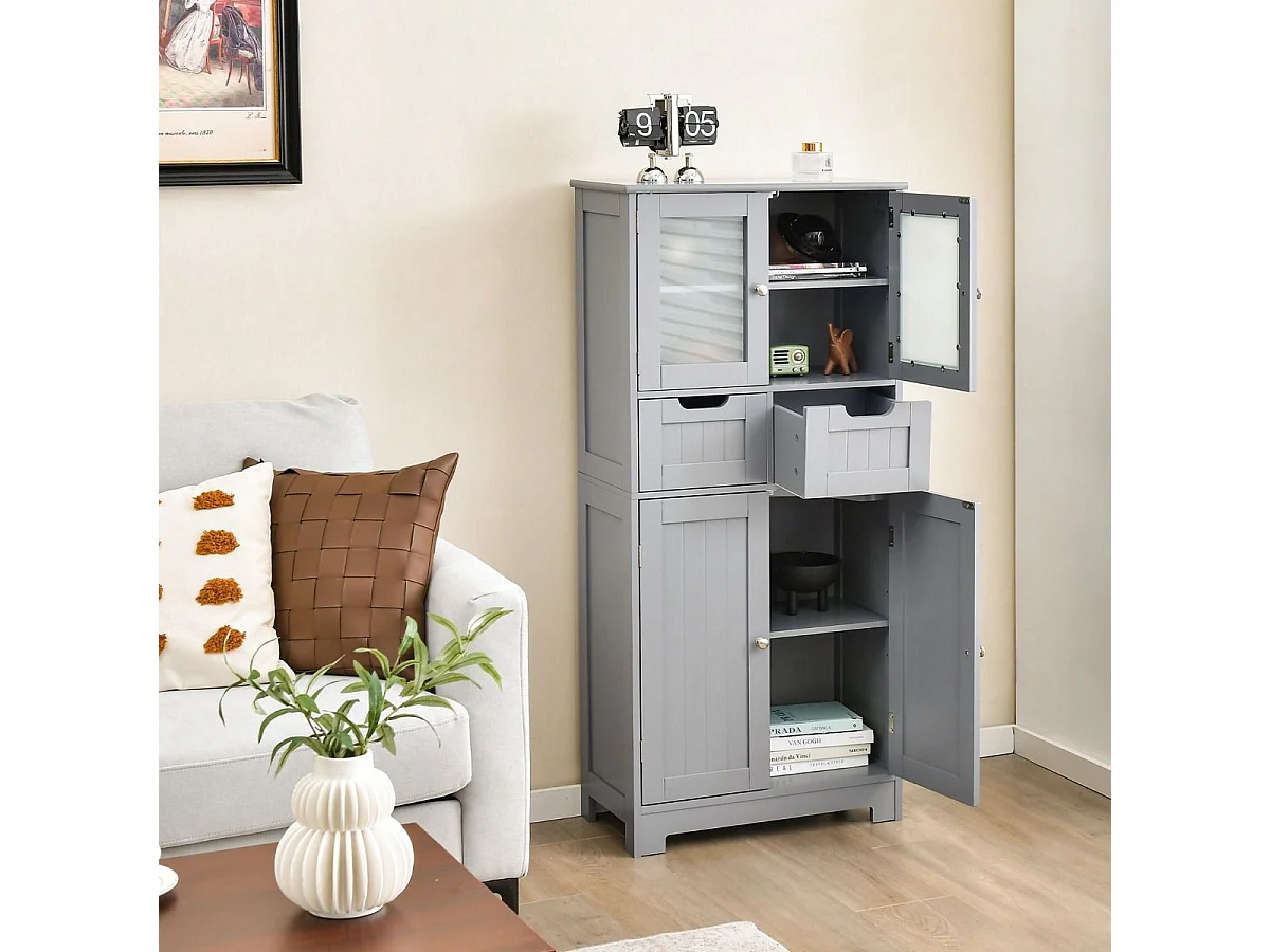 Cassettiera buffet da cucina in legno con vetro, grigio - 60 x 30 x 128 cm