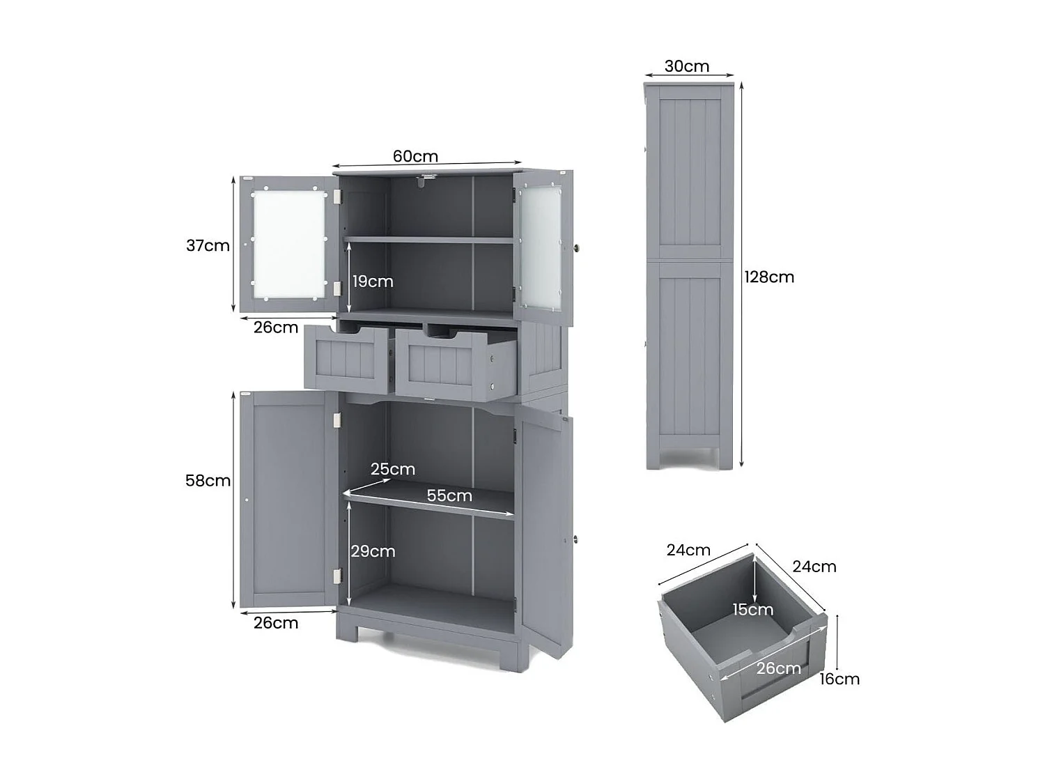 Cassettiera buffet da cucina in legno con vetro, grigio - 60 x 30 x 128 cm