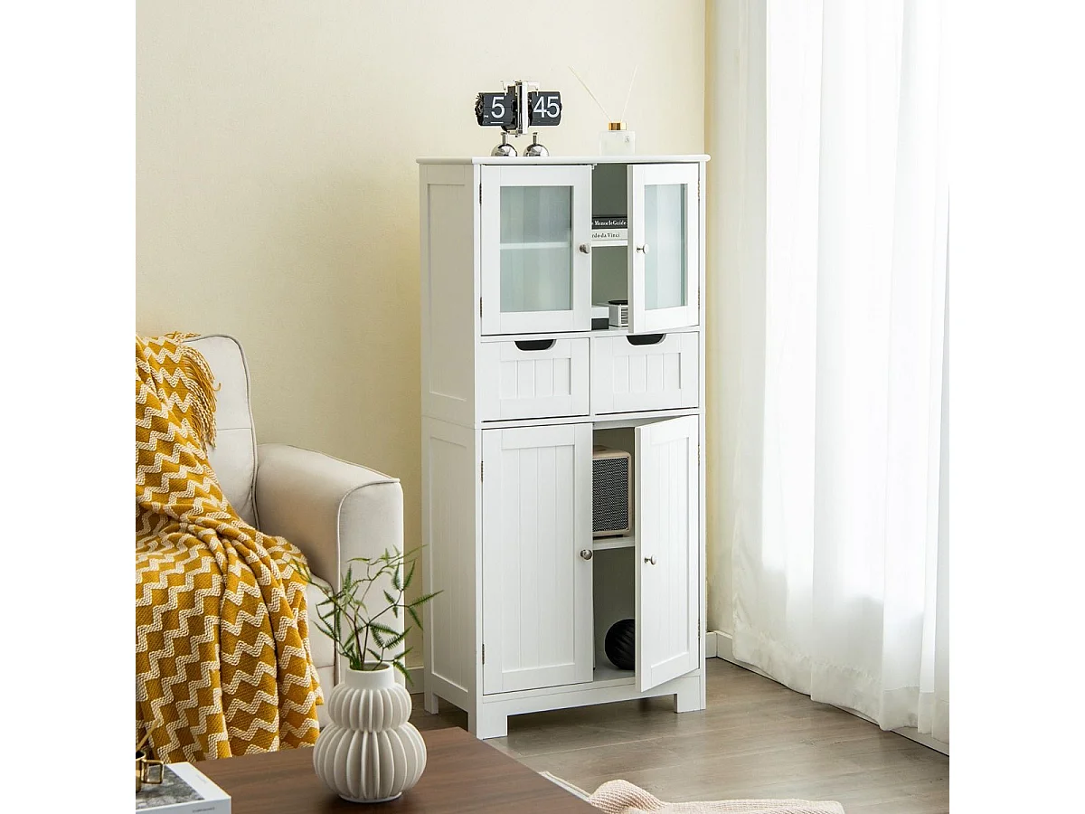 Credenza in legno Cassettiera per cucina - Bianco, 60x30x128 cm, MDF, vetro temperato, automontante