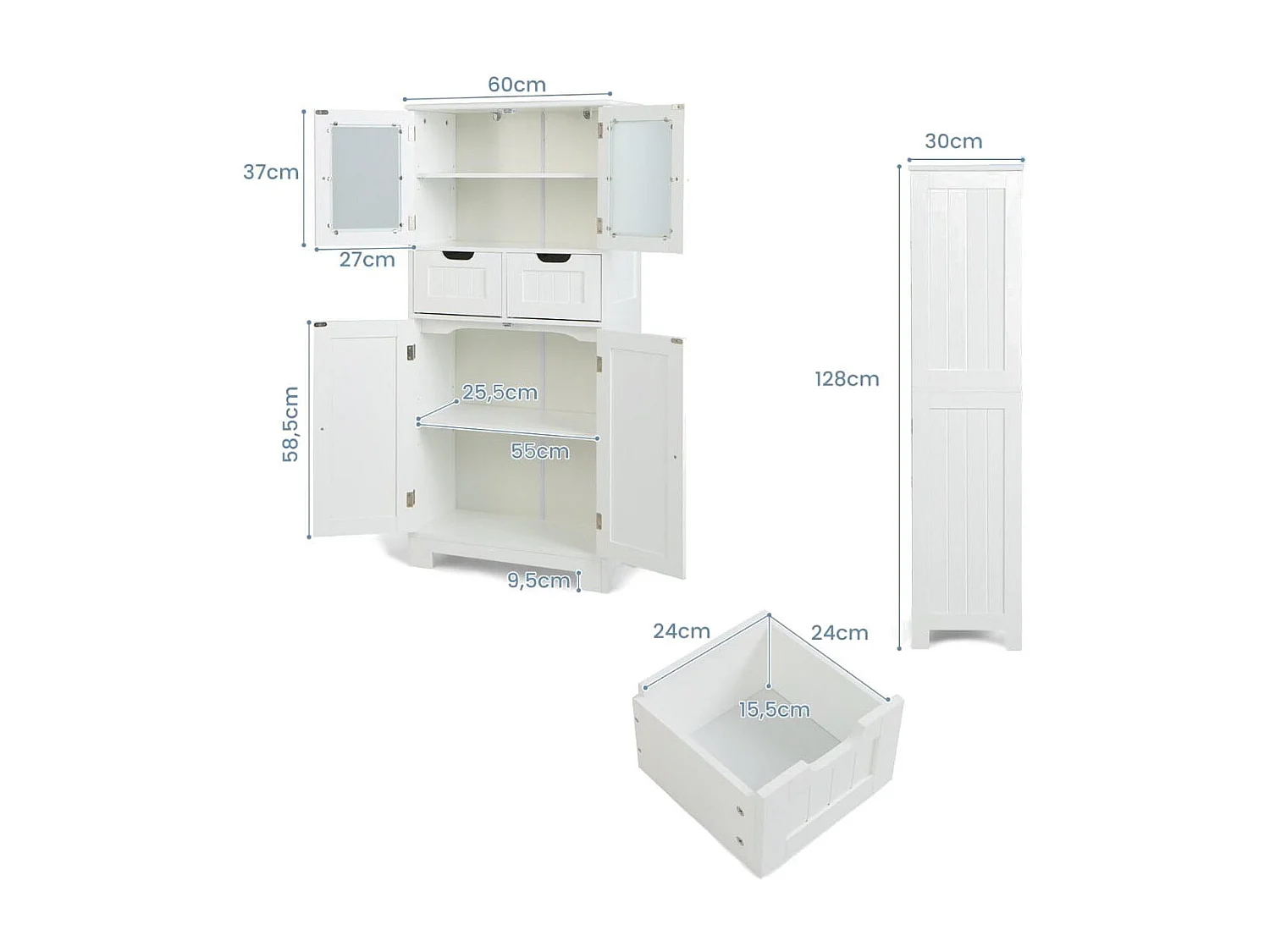 Credenza in legno Cassettiera per cucina - Bianco, 60x30x128 cm, MDF, vetro temperato, automontante