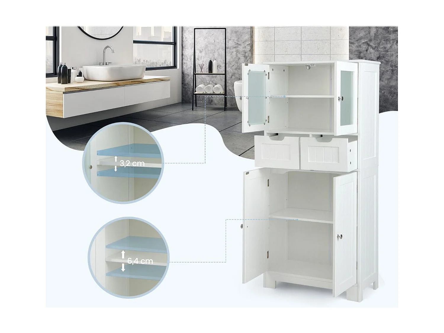 Credenza in legno Cassettiera per cucina - Bianco, 60x30x128 cm, MDF, vetro temperato, automontante