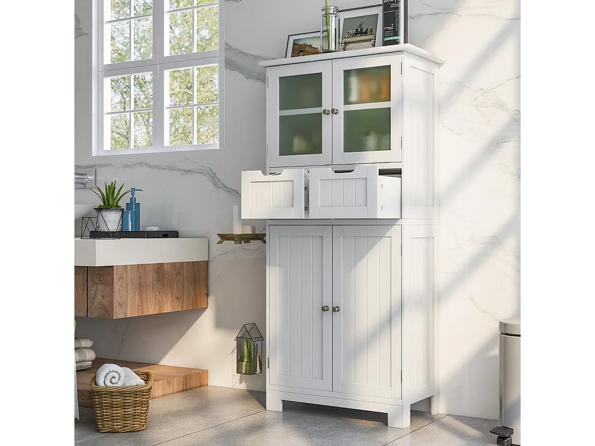 Credenza in legno Cassettiera per cucina - Bianco, 60x30x128 cm, MDF, vetro temperato, automontante