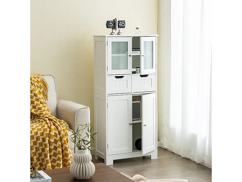 Holz Anrichte Kommode für die Küche - Weiß, 60x30x128 cm, MDF, Gehärtetes Glas, Selbstmontage