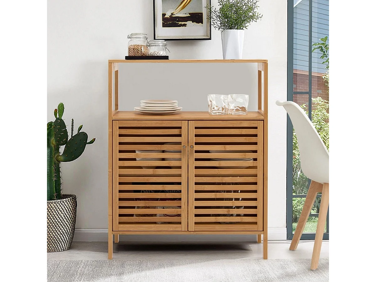 Mobile da bagno in bambù con ripiano aperto e doppie porte, Organizzatore di stoccaggio per cucina Naturale