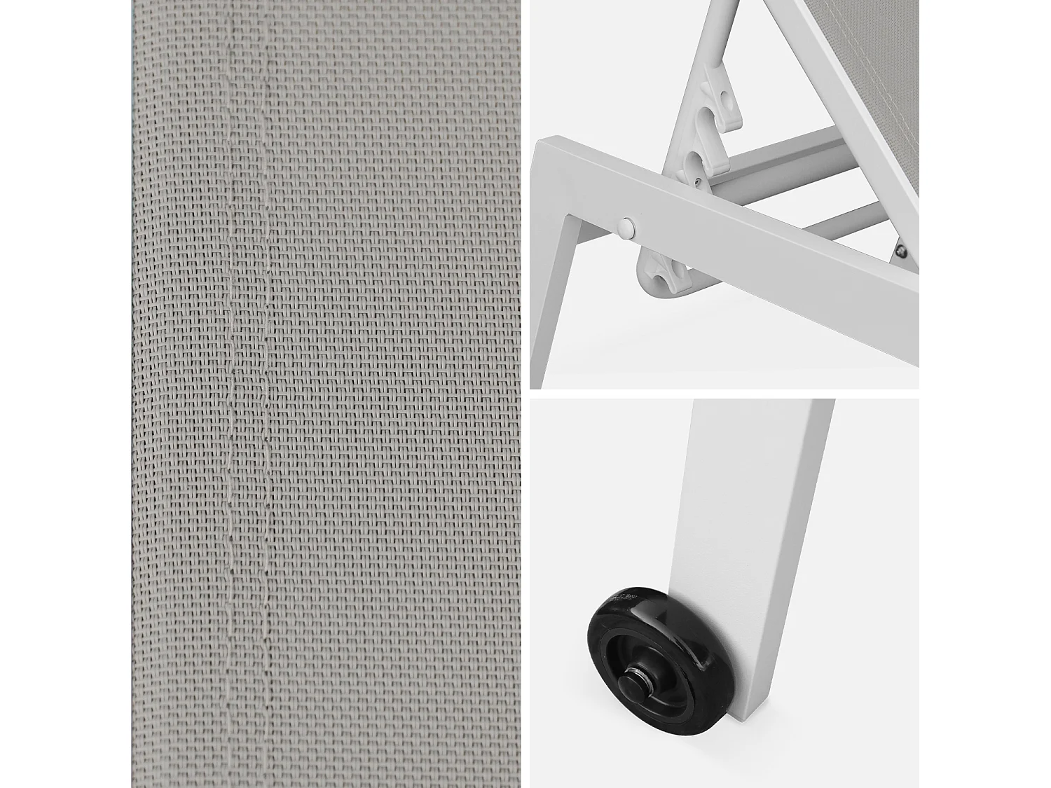 Lot de 2 bains de soleil ELSA en aluminium blanc et textilène taupe. transats multi positions avec roulettes