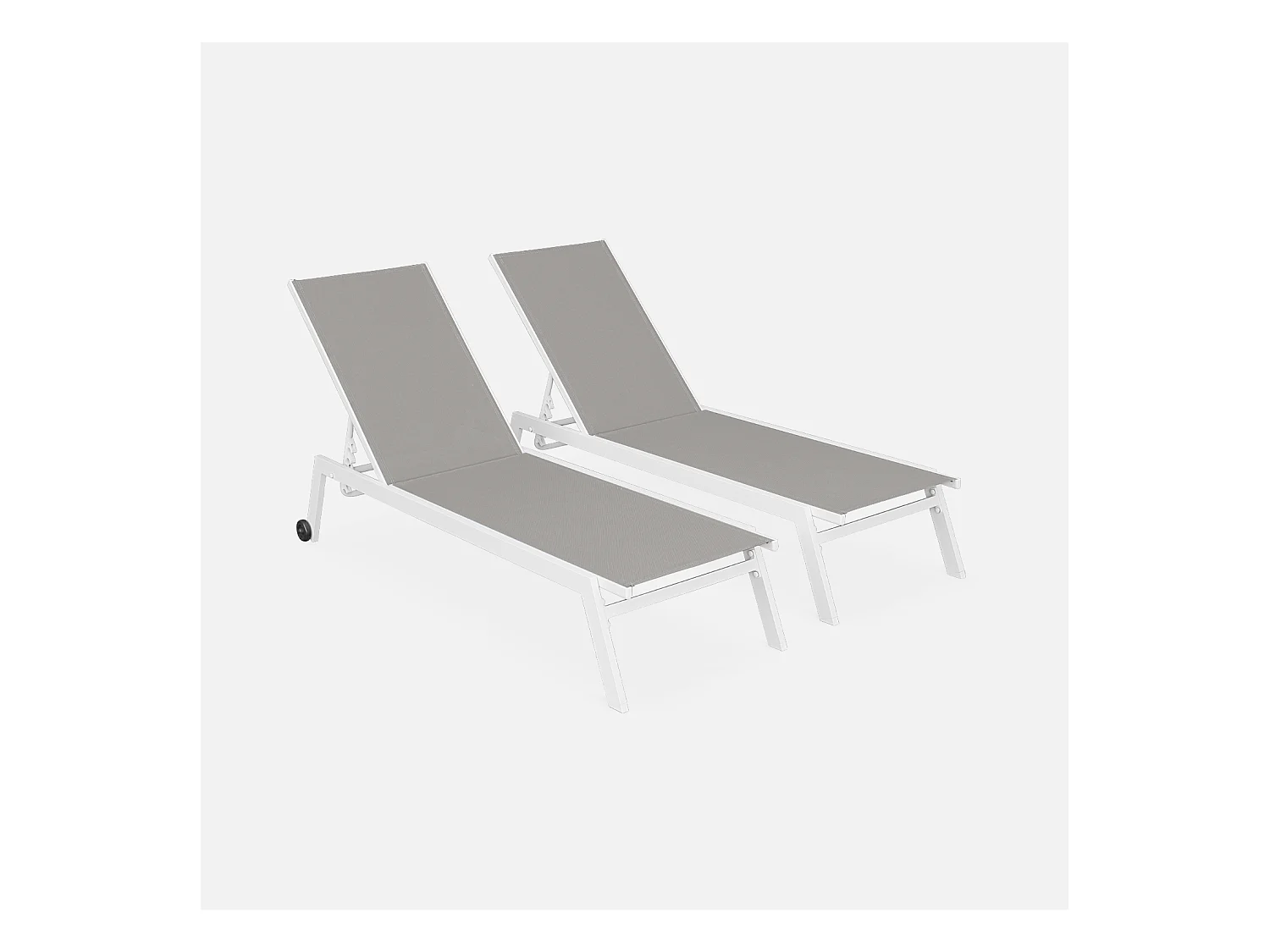 Lot de 2 bains de soleil ELSA en aluminium blanc et textilène taupe. transats multi positions avec roulettes