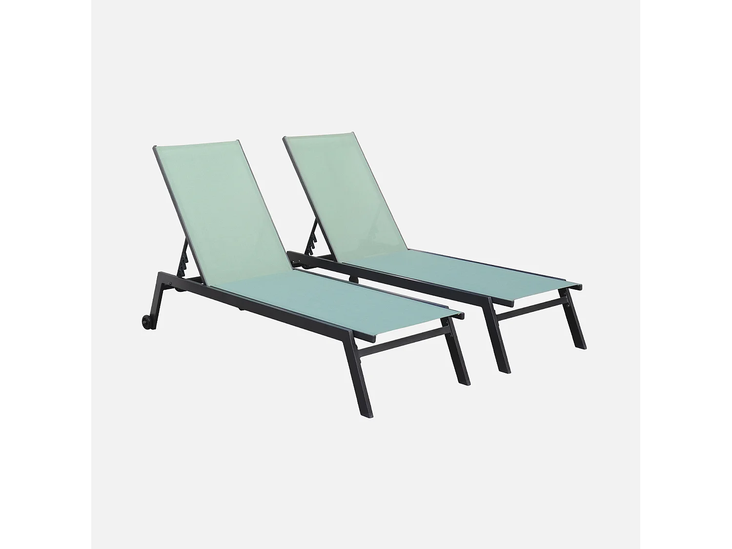 Lot de 2 bains de soleil ELSA en aluminium gris anthracite et textilène vert de gris. transats multi positions avec roulettes