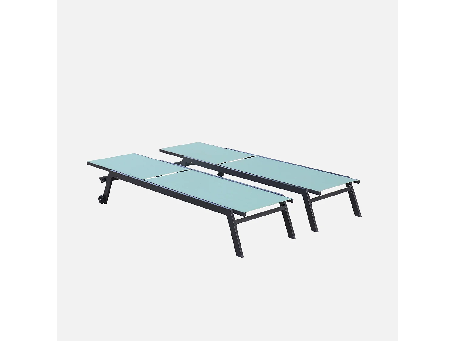 Lot de 2 bains de soleil ELSA en aluminium gris anthracite et textilène vert de gris. transats multi positions avec roulettes