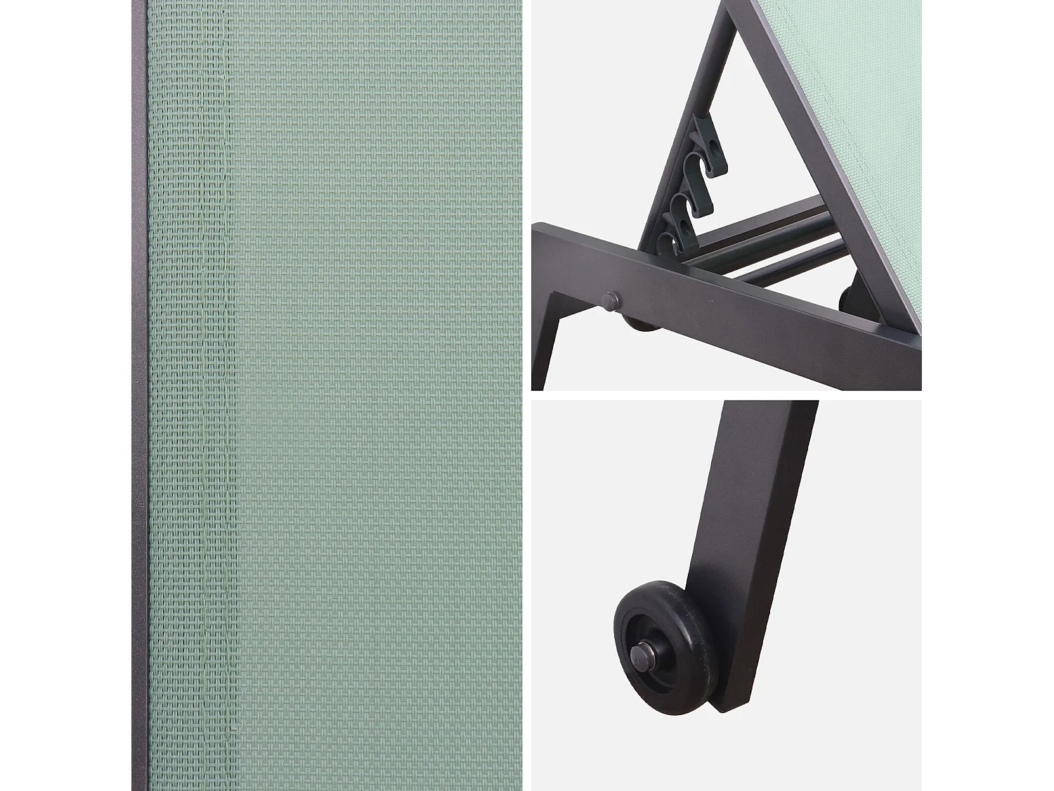 Lot de 2 bains de soleil ELSA en aluminium gris anthracite et textilène vert de gris. transats multi positions avec roulettes