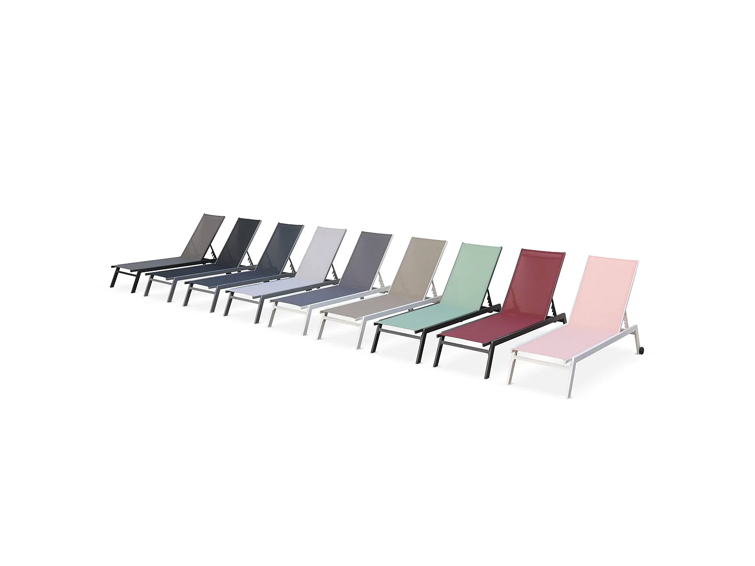 Lot de 2 bains de soleil ELSA en aluminium gris anthracite et textilène vert de gris. transats multi positions avec roulettes