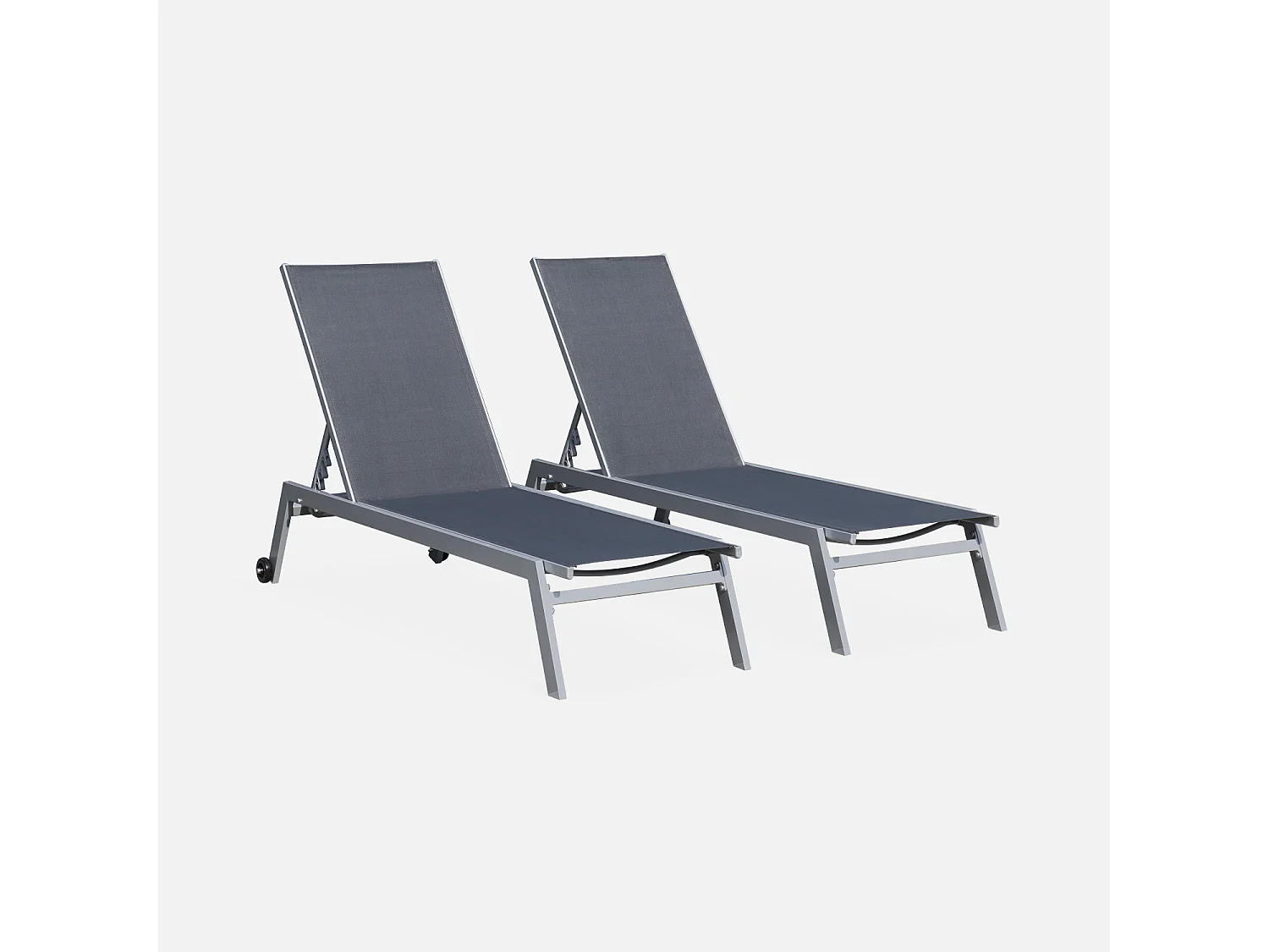 Lot de 2 bains de soleil ELSA en aluminium gris et textilène gris foncé. transats multi positions avec roulettes