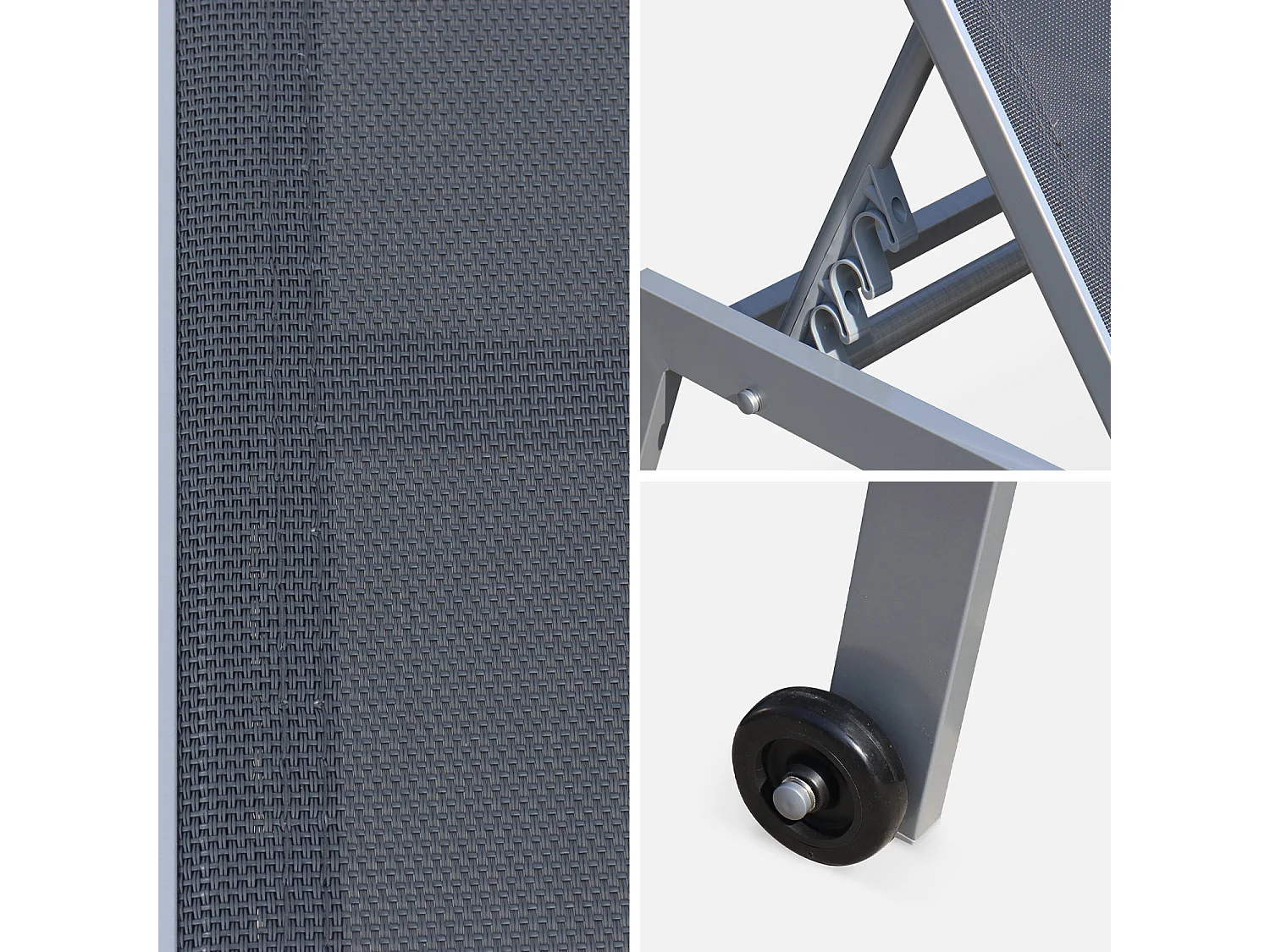 Lot de 2 bains de soleil ELSA en aluminium gris et textilène gris foncé. transats multi positions avec roulettes