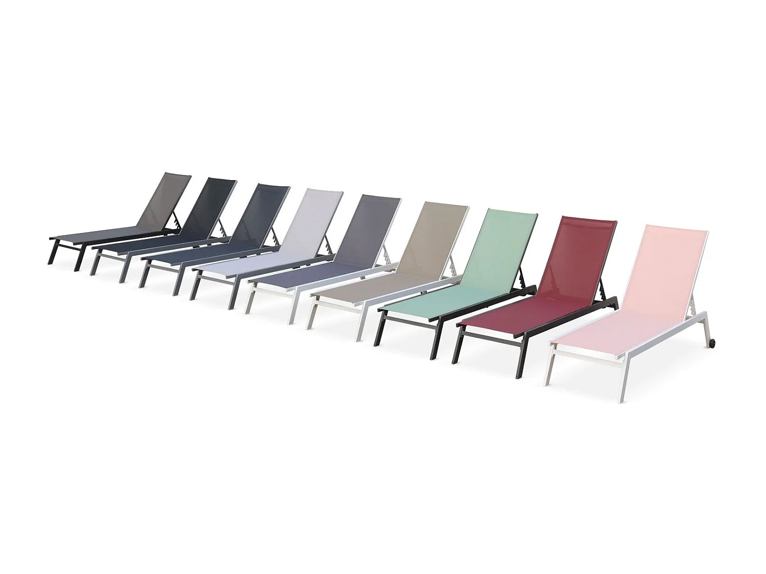 Lot de 2 bains de soleil ELSA en aluminium gris et textilène gris foncé. transats multi positions avec roulettes