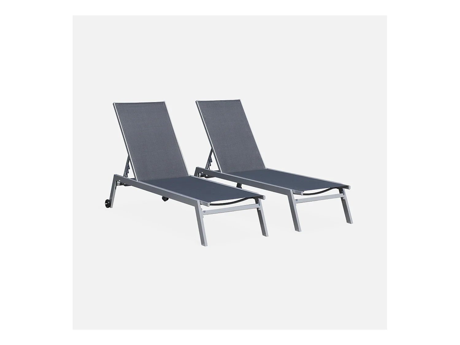 Lot de 2 bains de soleil ELSA en aluminium gris et textilène gris foncé. transats multi positions avec roulettes