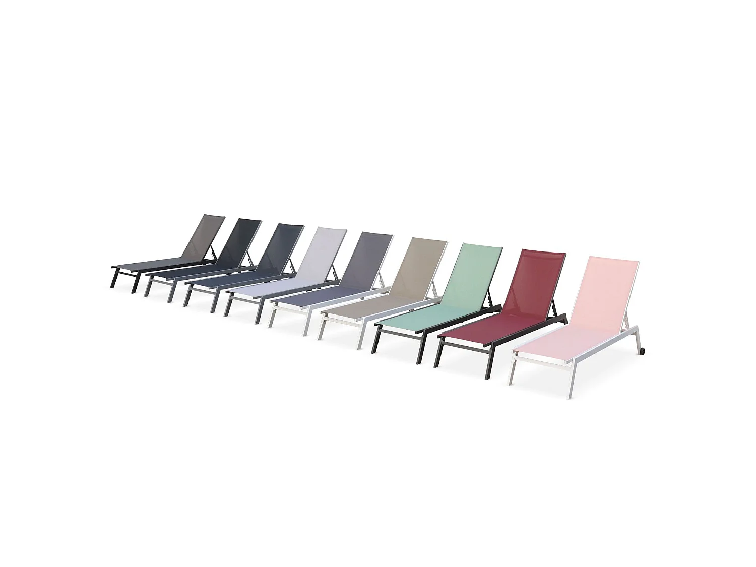 Lot de 2 bains de soleil ELSA en aluminium gris et textilène gris foncé. transats multi positions avec roulettes