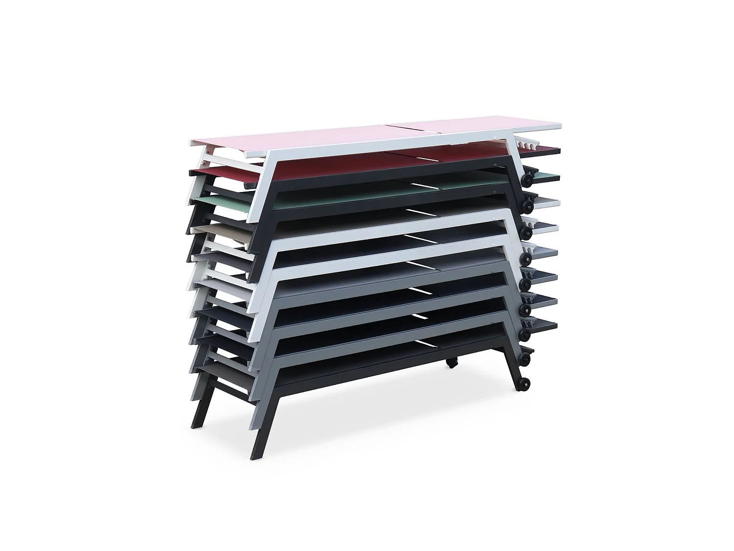Lot de 2 bains de soleil ELSA en aluminium gris et textilène gris foncé. transats multi positions avec roulettes