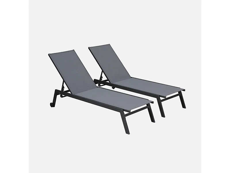Lot de 2 bains de soleil ELSA en aluminium gris anthracite et textilène gris taupe. transats multi positions avec roulettes