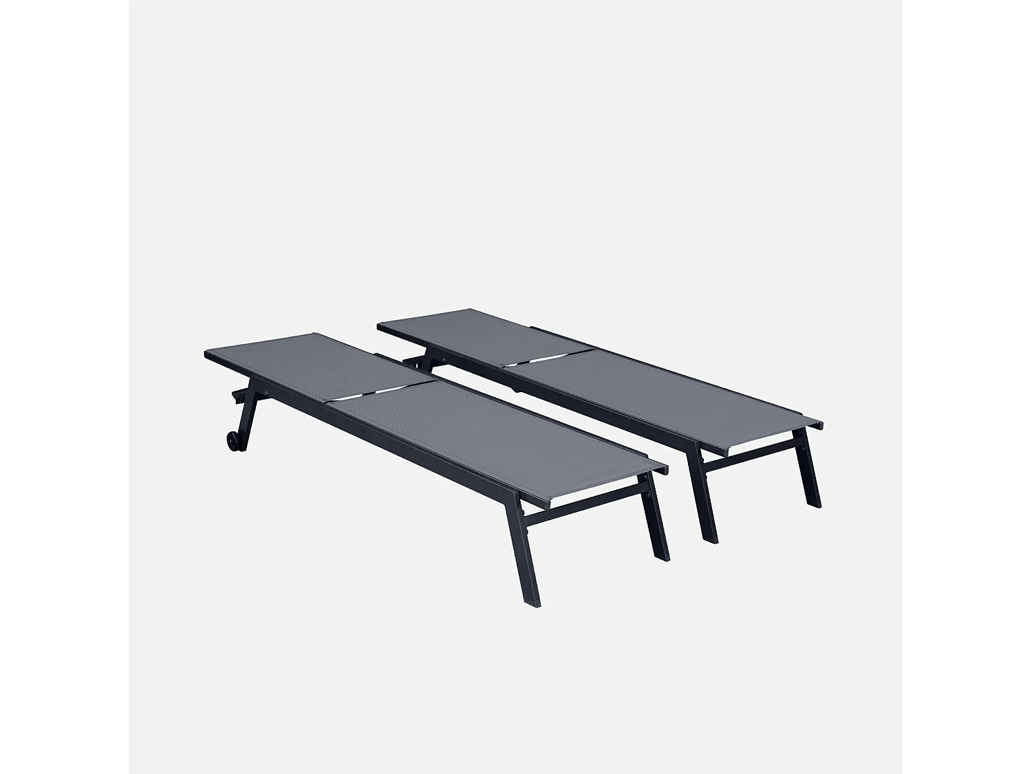 Lot de 2 bains de soleil ELSA en aluminium gris anthracite et textilène gris taupe. transats multi positions avec roulettes