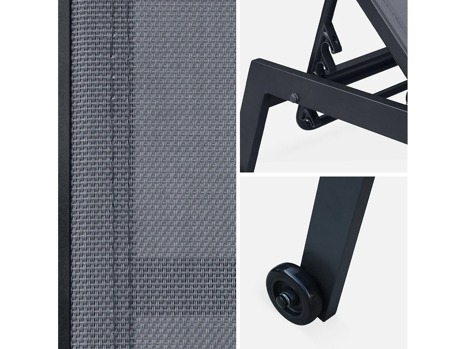 Lot de 2 bains de soleil ELSA en aluminium gris anthracite et textilène gris taupe. transats multi positions avec roulettes