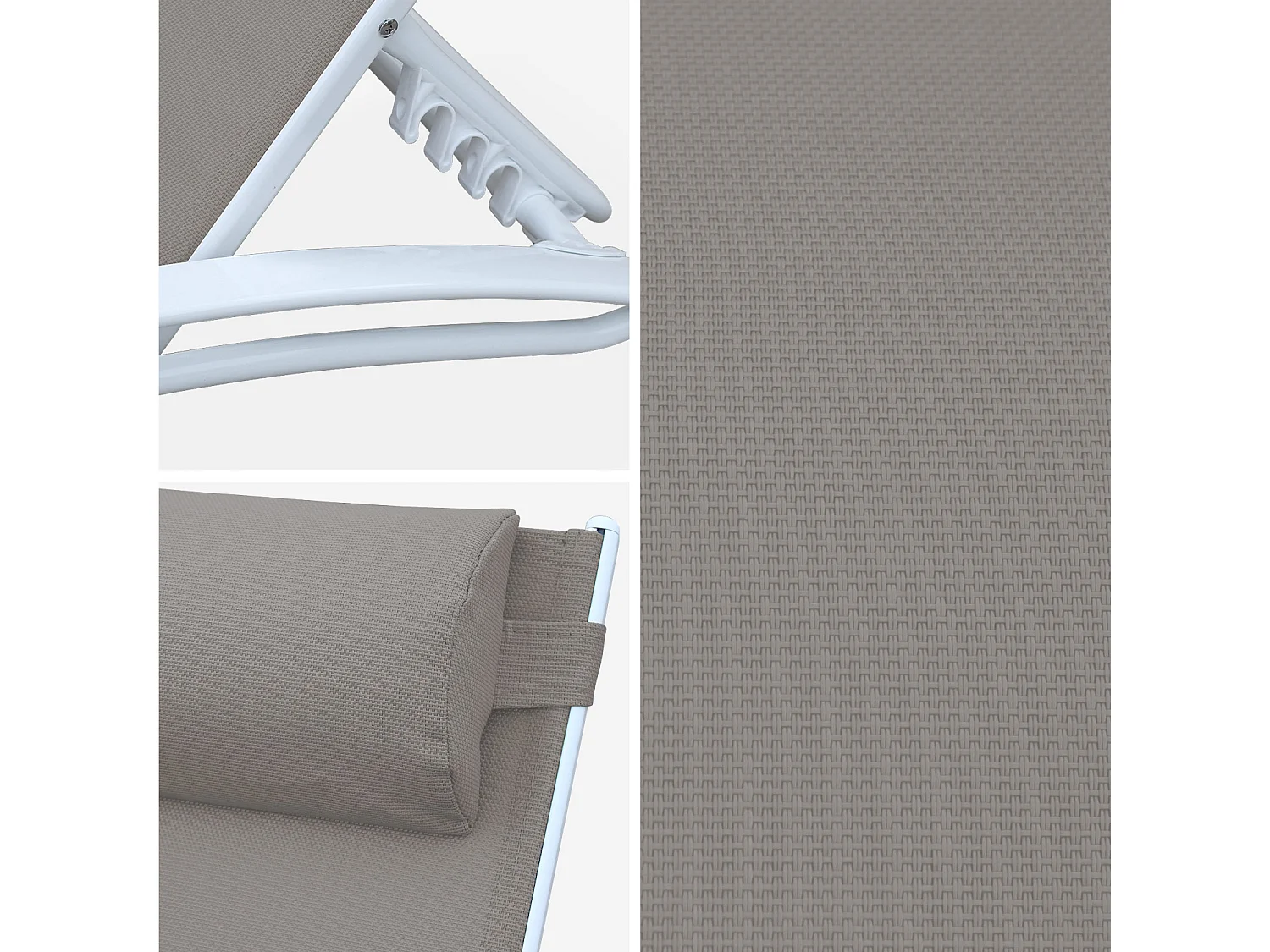 Toile de remplacement pour bain de soleil LOUISA. en aluminium et textilène. avec têtière - Taupe/blanc