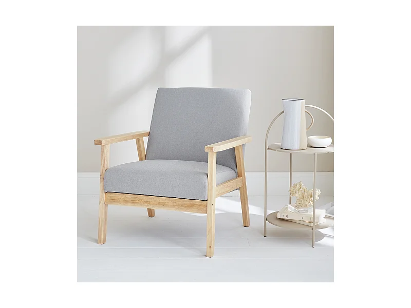 Poltrona scandinava in legno e tessuto, grigio chiaro