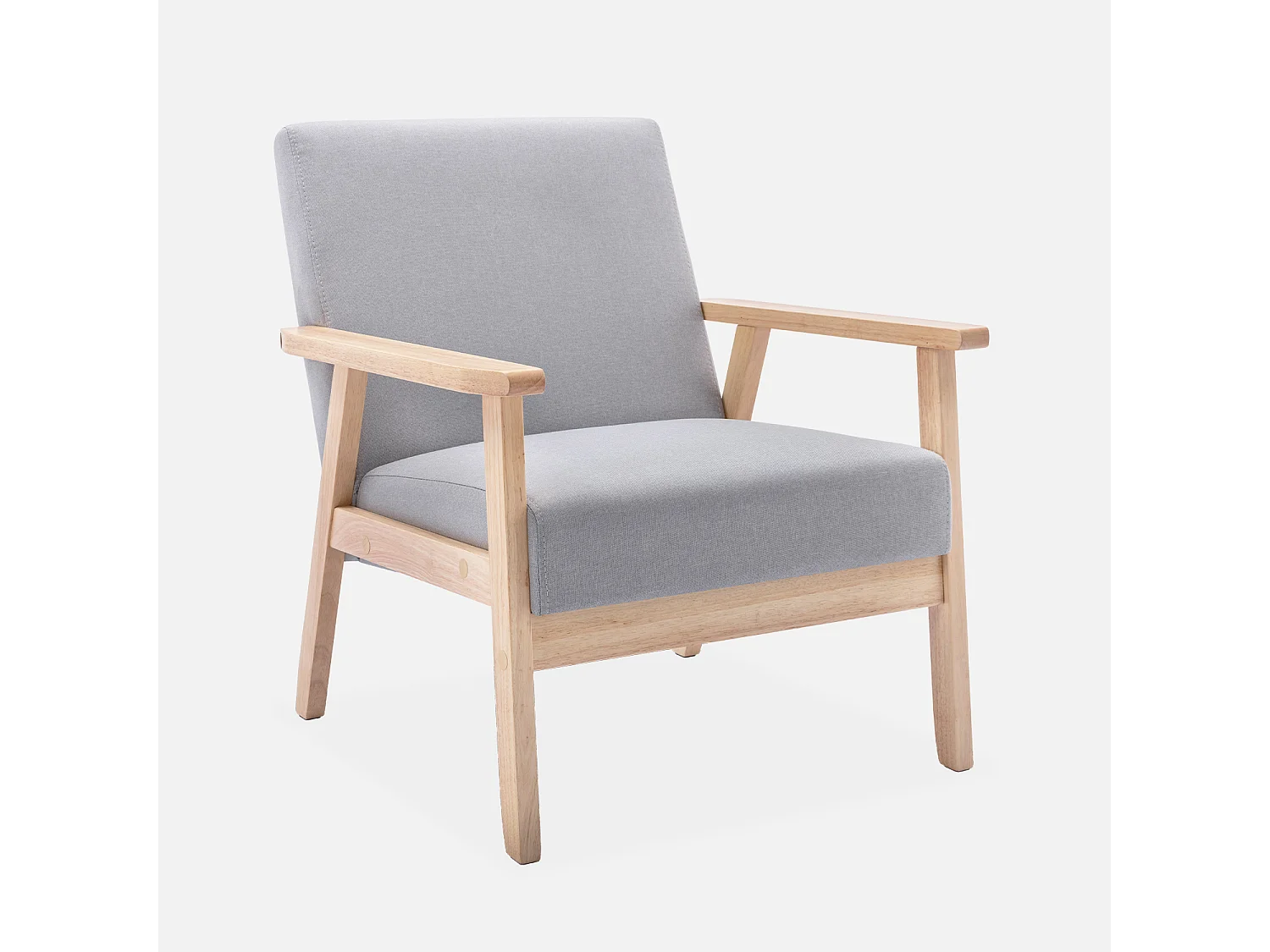 Fauteuil scandinave en bois et tissu gris clair. Isak. L 64 x P 69.5 x H 73cm