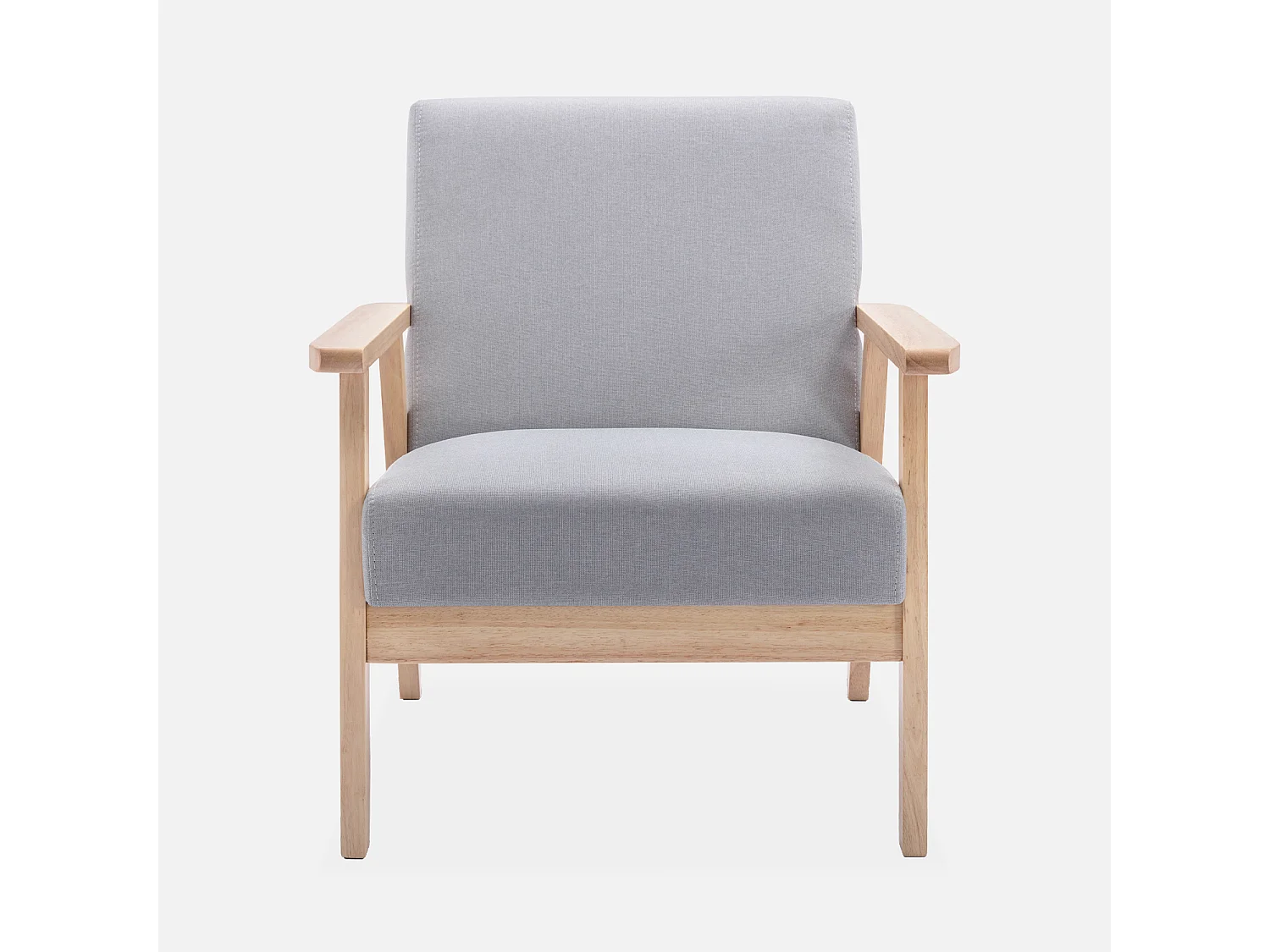 Fauteuil scandinave en bois et tissu gris clair. Isak. L 64 x P 69.5 x H 73cm