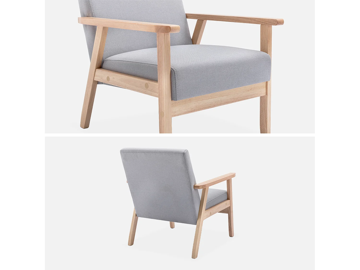 Fauteuil scandinave en bois et tissu gris clair. Isak. L 64 x P 69.5 x H 73cm