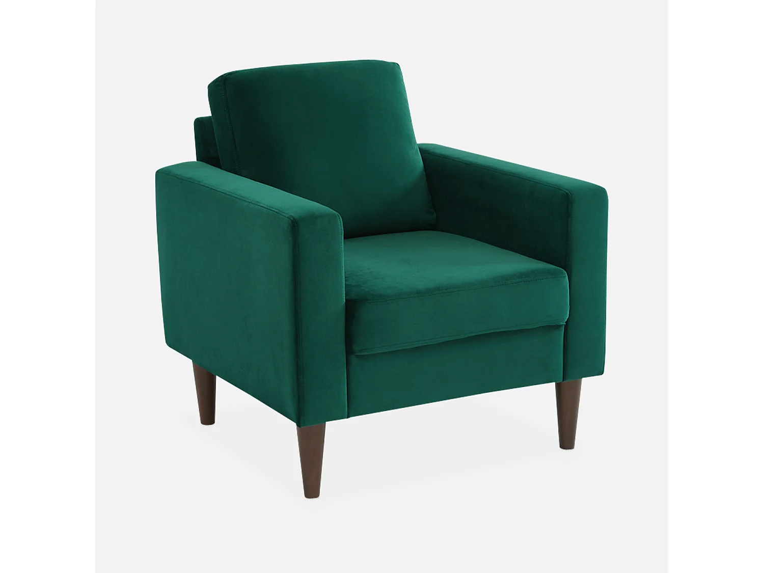 Fauteuil scandinave en velours vert anglais - Bjorn - Canapé 1 place fixe droit pieds bois d'hévéa effet bois de noyer