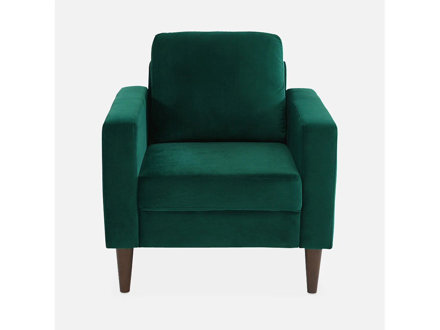 Fauteuil scandinave en velours vert anglais - Bjorn - Canapé 1 place fixe droit pieds bois d'hévéa effet bois de noyer