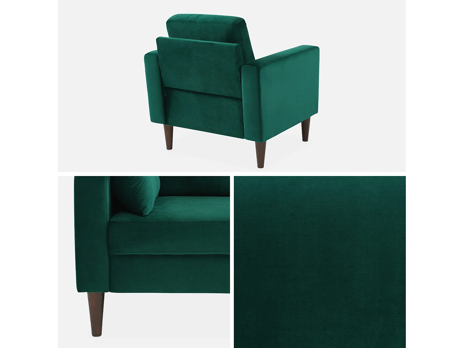Fauteuil scandinave en velours vert anglais - Bjorn - Canapé 1 place fixe droit pieds bois d'hévéa effet bois de noyer