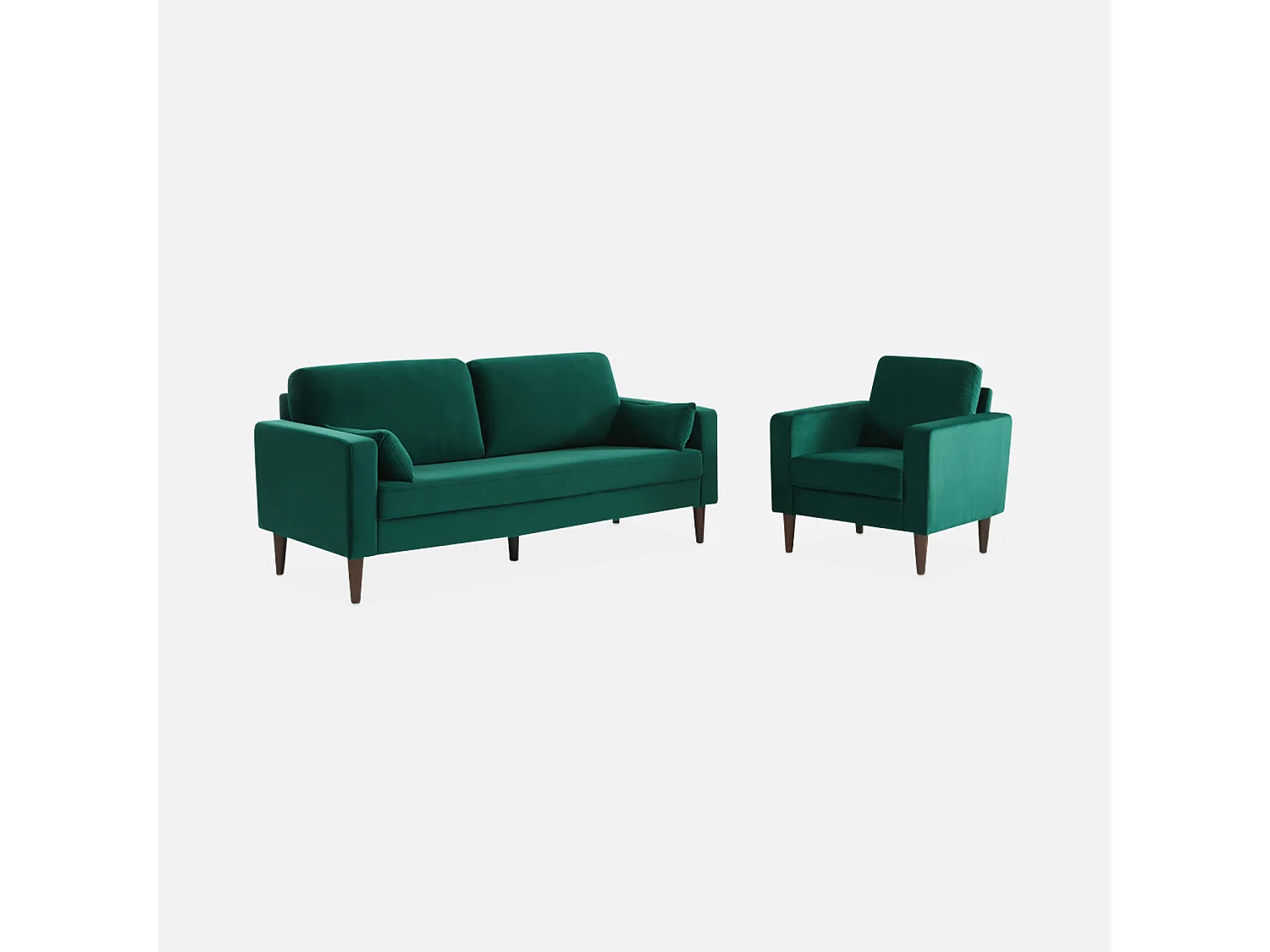 Fauteuil scandinave en velours vert anglais - Bjorn - Canapé 1 place fixe droit pieds bois d'hévéa effet bois de noyer