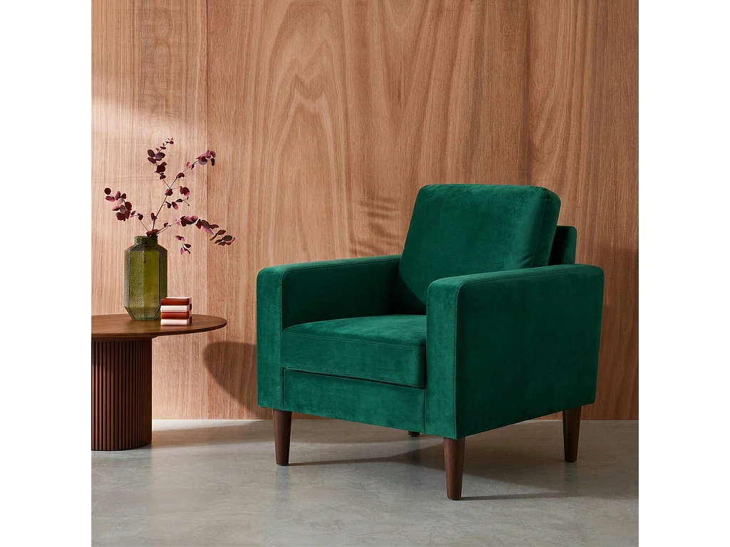 Fauteuil scandinave en velours vert anglais - Bjorn - Canapé 1 place fixe droit pieds bois d'hévéa effet bois de noyer