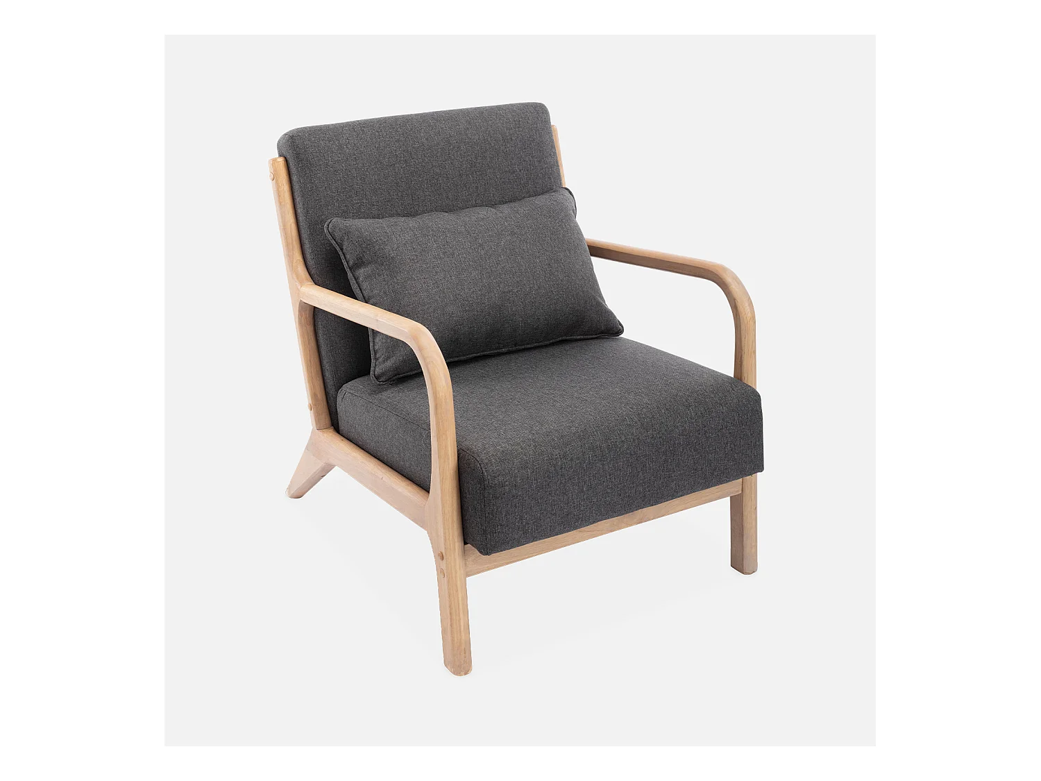 Poltrona scandinava in legno e tessuto con braccioli, grigio scuro