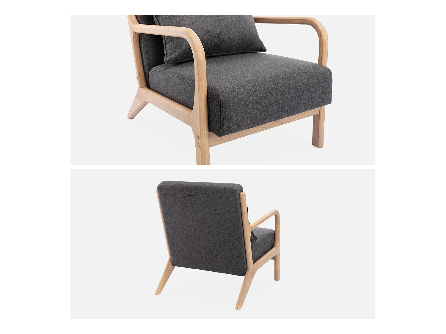 Poltrona scandinava in legno e tessuto con braccioli, grigio scuro