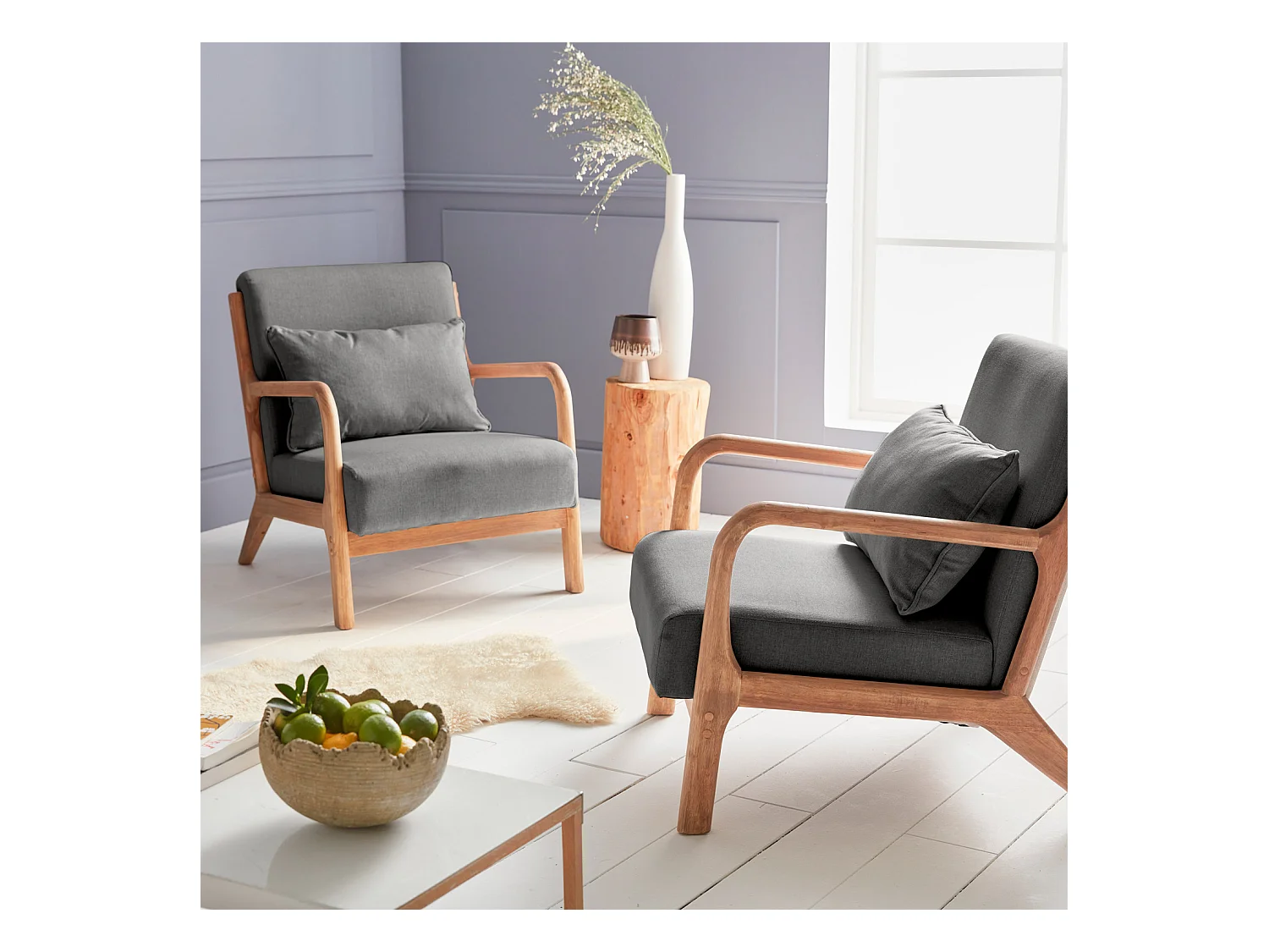 Poltrona scandinava in legno e tessuto con braccioli, grigio scuro