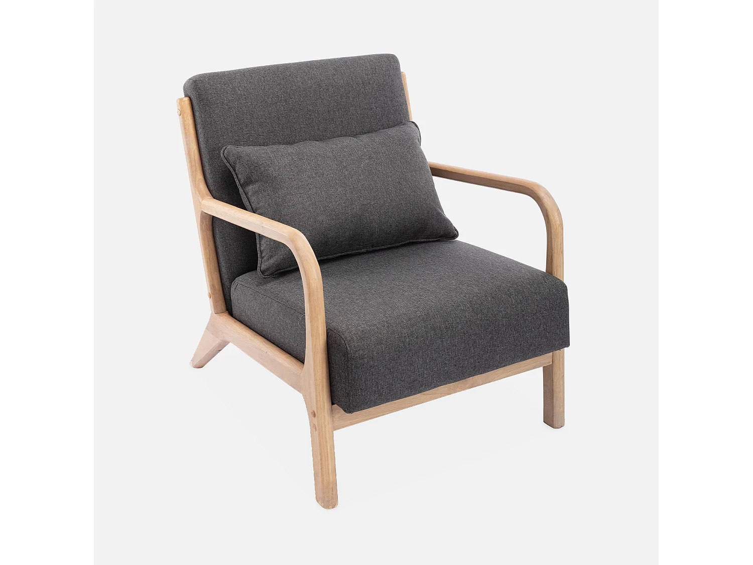 Fauteuil design en bois et tissu. 1 place droit fixe. pieds compas scandinave. structure en bois solide. assise confortable. gris foncé
