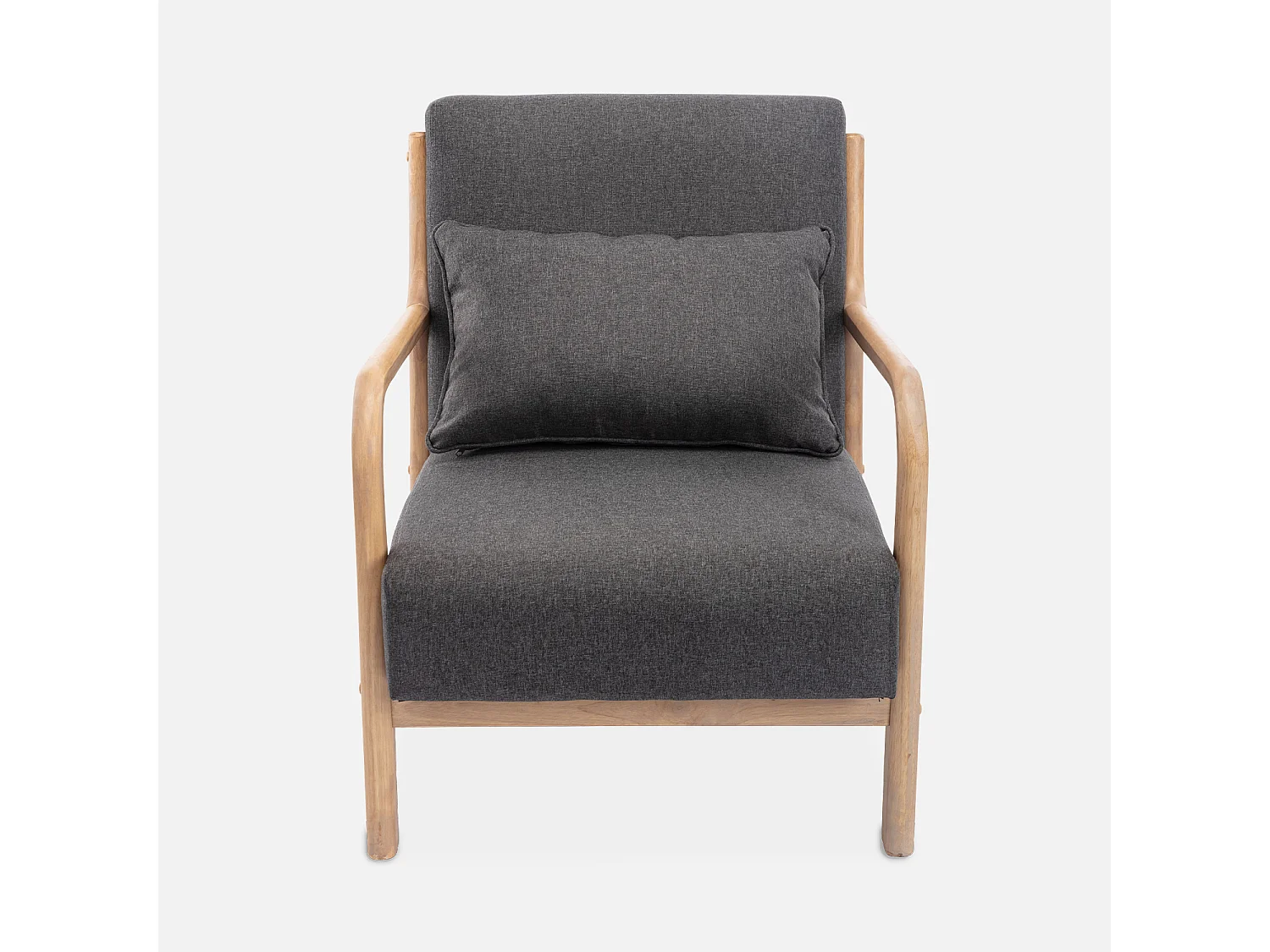 Fauteuil design en bois et tissu. 1 place droit fixe. pieds compas scandinave. structure en bois solide. assise confortable. gris foncé