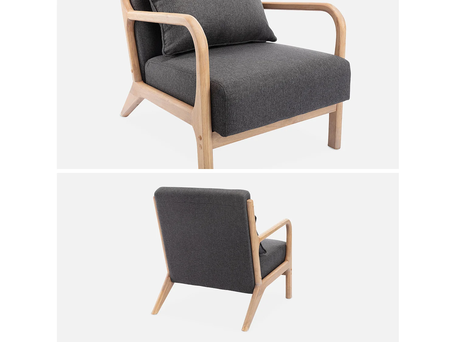 Fauteuil design en bois et tissu. 1 place droit fixe. pieds compas scandinave. structure en bois solide. assise confortable. gris foncé